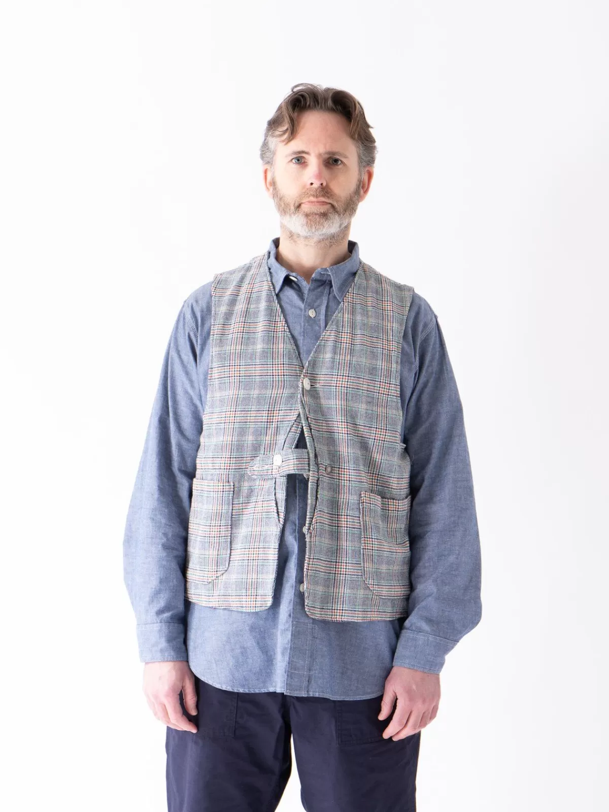 Navy/Green/Orange Cp Glen Plaid Upland Vest^Engineered Garments Online