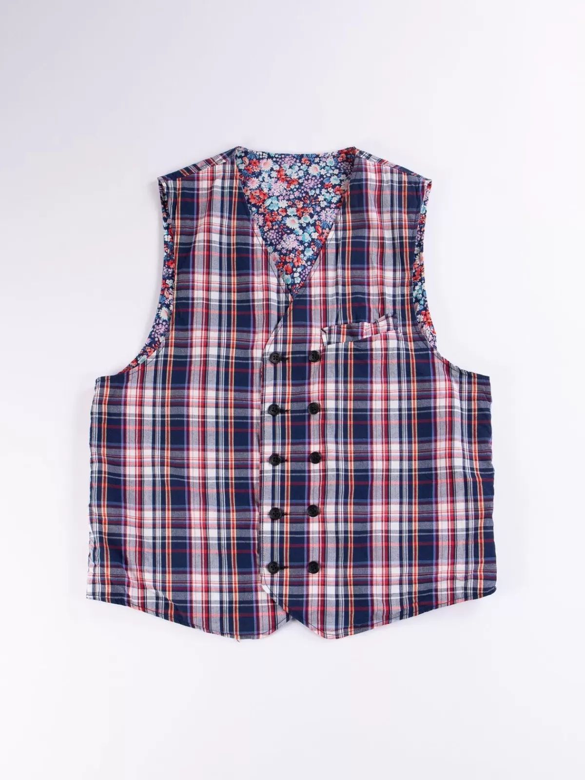 Navy/White/Red Plaid Poplin Reversible Vest^Engineered Garments Sale