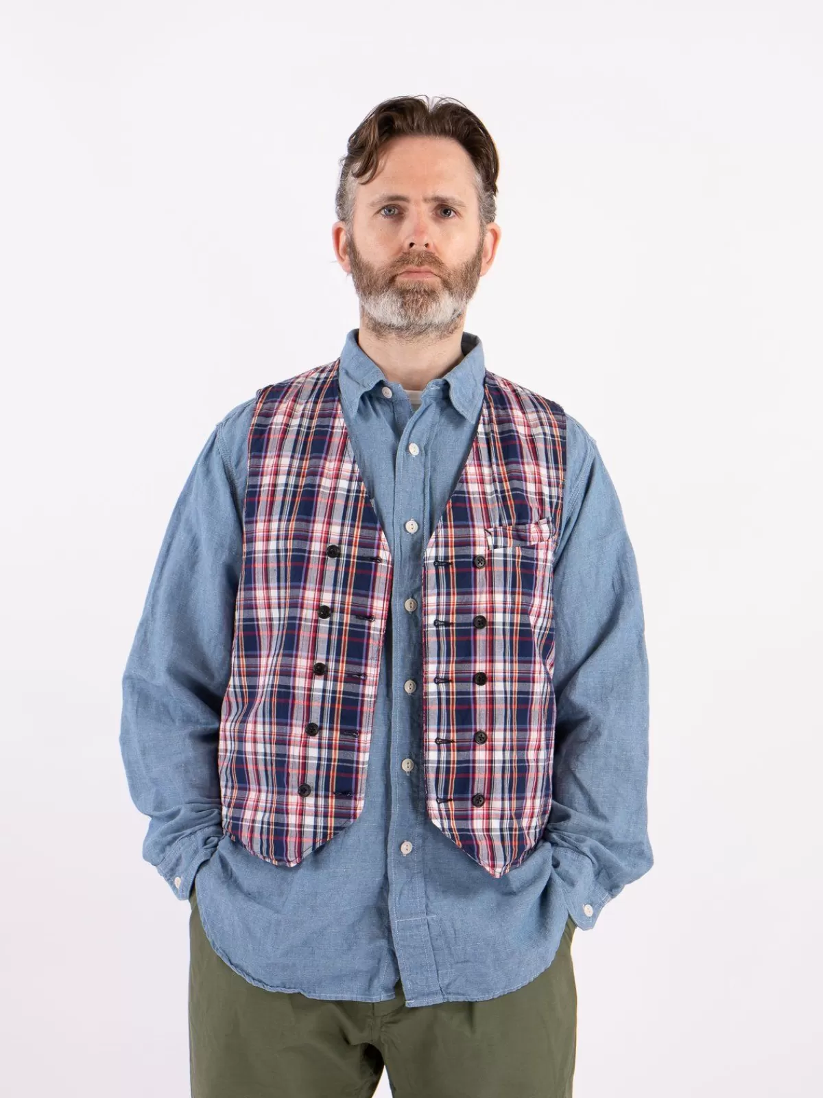 Navy/White/Red Plaid Poplin Reversible Vest^Engineered Garments Sale